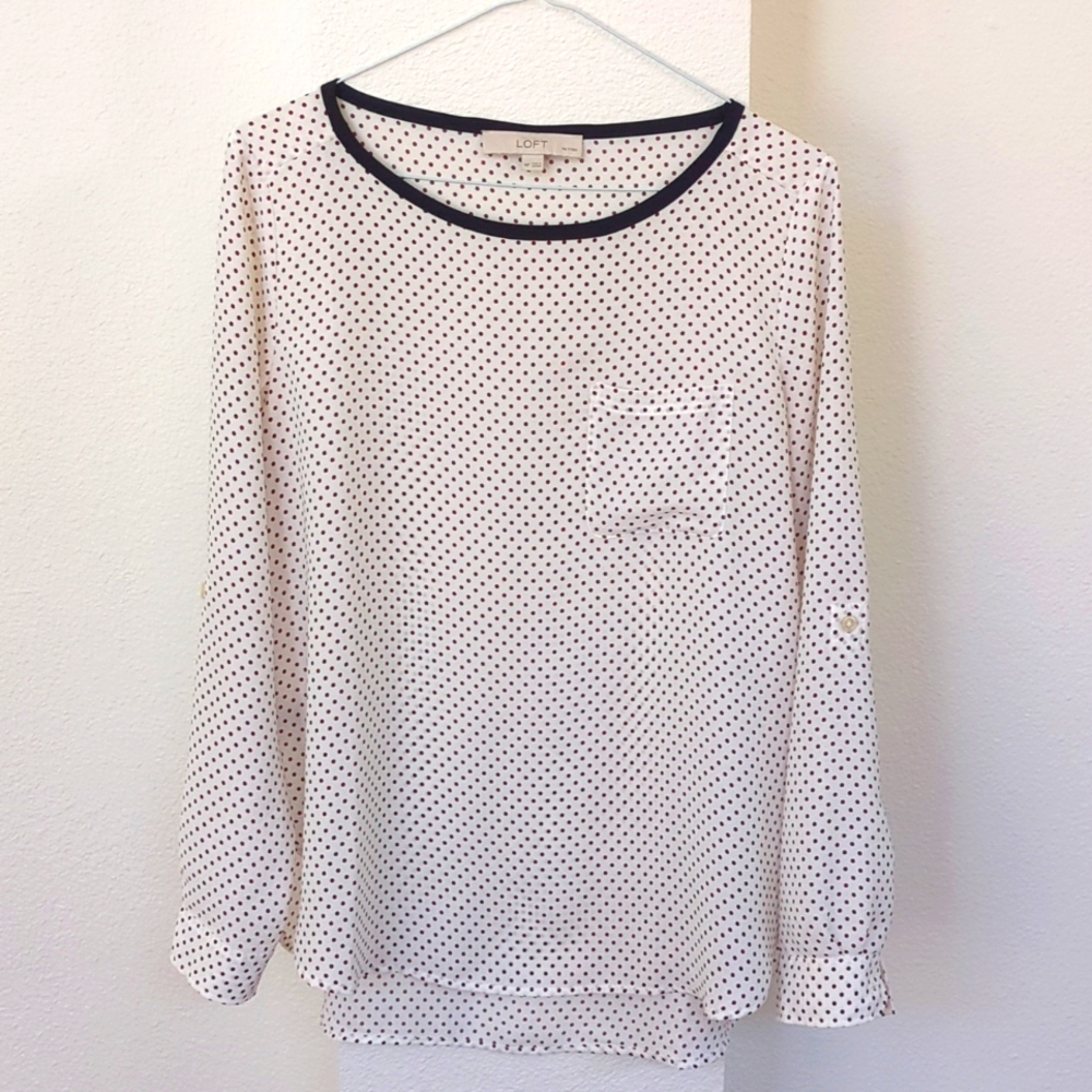 LOFT White long sleeve blouse with Brown polka dots, size MP